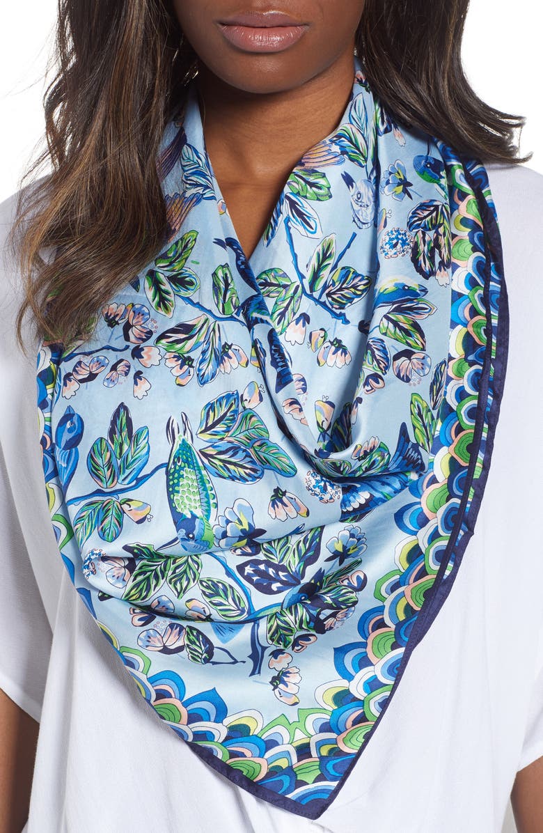 ECHO Flight of Fancy Square Silk Scarf, Main, color, BLUE BELL