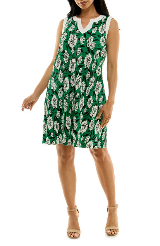 Nina Leonard Plissé Split Neck Dress In Green Multi
