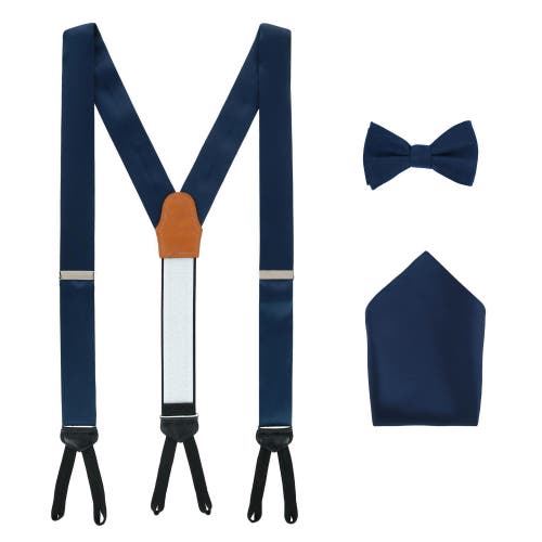 Trafalgar Sutton Solid Color Silk Brace Bow Tie & Pocket Square Combo In Navy