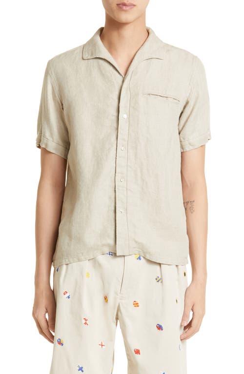BEAMS Herringbone Short Sleeve Flax Button-Up Shirt in Natural
