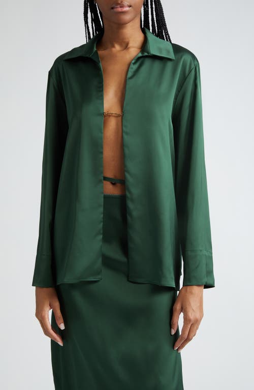 La Chemise Notte Logo Charm Open Front Stretch Satin Blouse in Dark Green