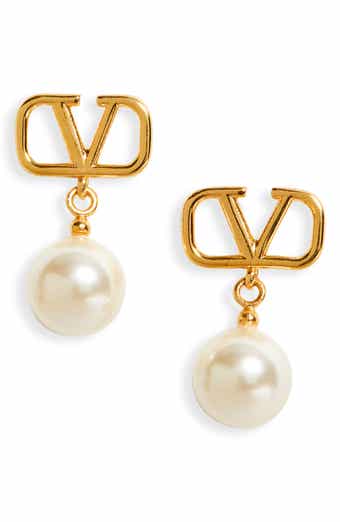 V Logo Embellished Faux Pearl Drop Earrings in White - Valentino