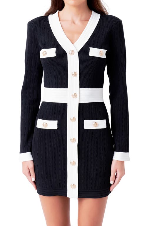Endless Rose Contrast Trim Long Sleeve Rib Minidress In Black/white