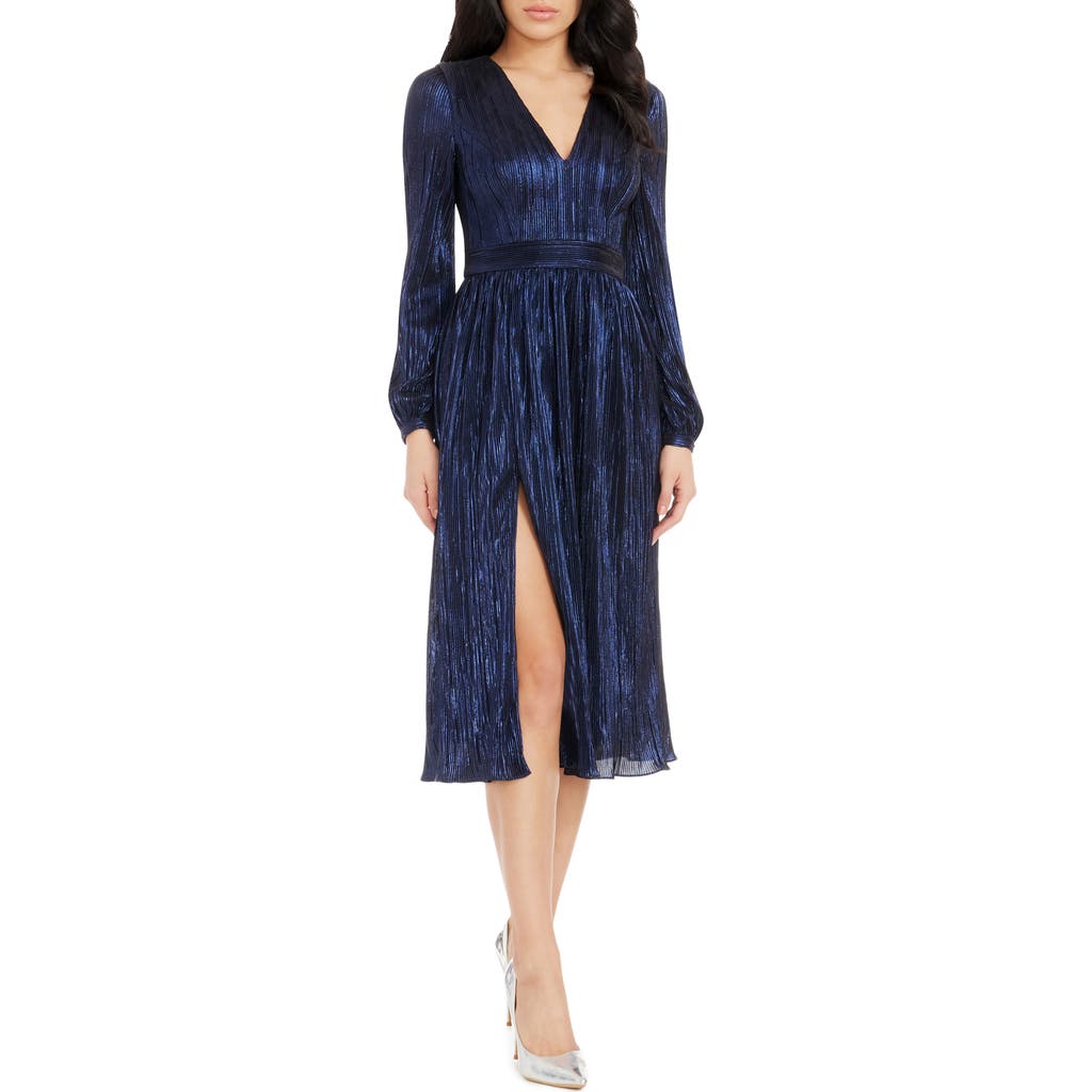 DRESS THE POPULATION DRESS THE POPULATION HOLLY LONG SLEEVE METALLIC PLISSÉ DRESS