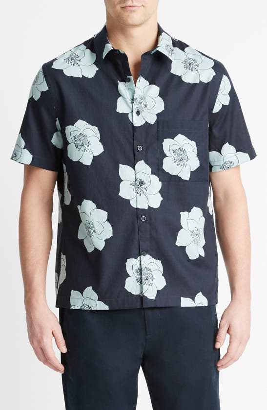 Shop Vince Apple Blossom Short Sleeve Button-up Shirt In Coastal/ Ceramic Blue