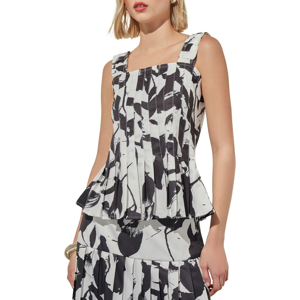 Ming Wang Pleated Floral Print Sleeveless Peplum Top In Black/white