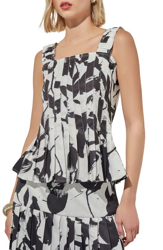 Shop Ming Wang Pleated Floral Print Sleeveless Peplum Top In Black/ White