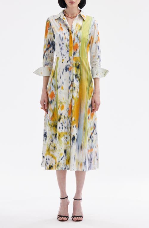 OSCAR DE LA RENTA OSCAR DE LA RENTA ABSTRACT BRUSHSTROKE PRINT LONG SLEEVE MIDI SHIRTDRESS 