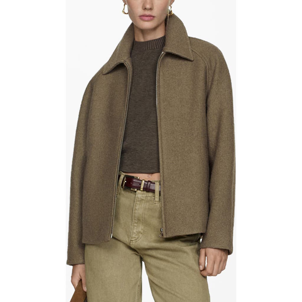 Mango Wool Blend Zip Jacket In Khaki Green