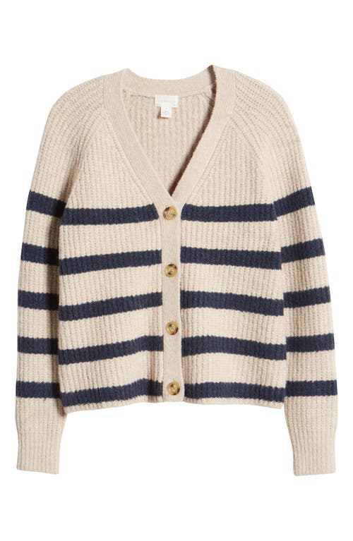 Shop Caslonr Caslon(r) Weekend Chenille Cardigan In Tan Doeskin- Navy Cleo Stripe