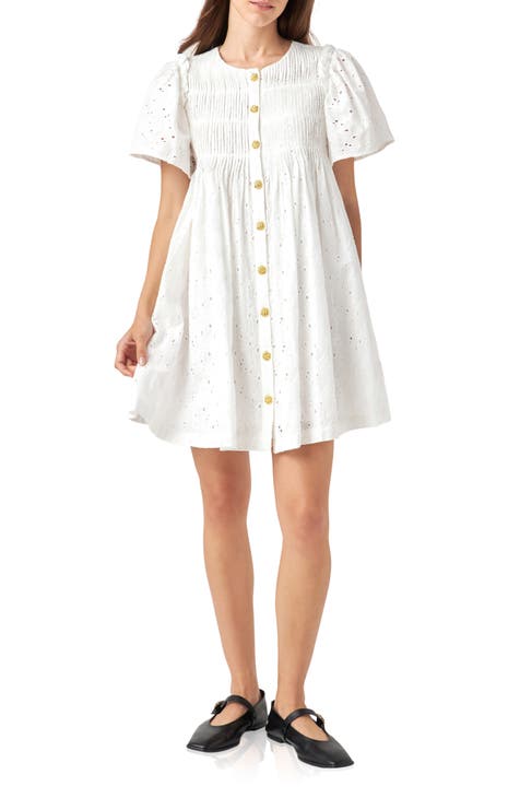 Embroidered Cotton Eyelet Button-Up Babydoll Dress