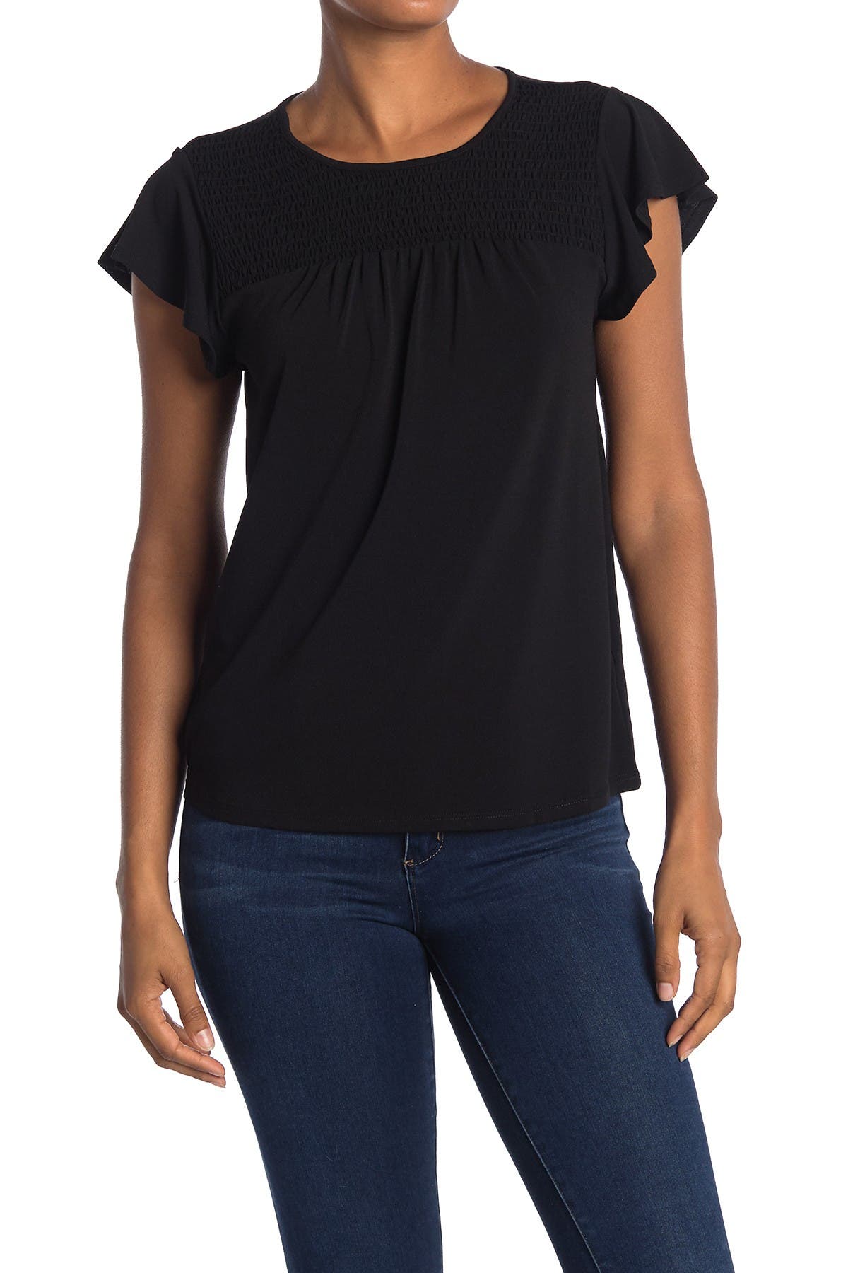 Adrianna Papell Short Sleeve Short Sleeve Knit Solid Moss Crepe Top In Black