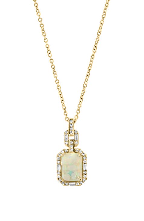 Baguette Cut Ethiopian Opal & Diamond Pendant Necklace - 0.15ct.