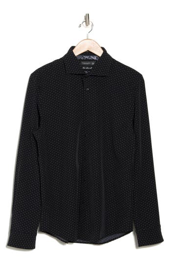 Denim And Flower Polka Dot Print Long Sleeve Tech Button-up Shirt In Black