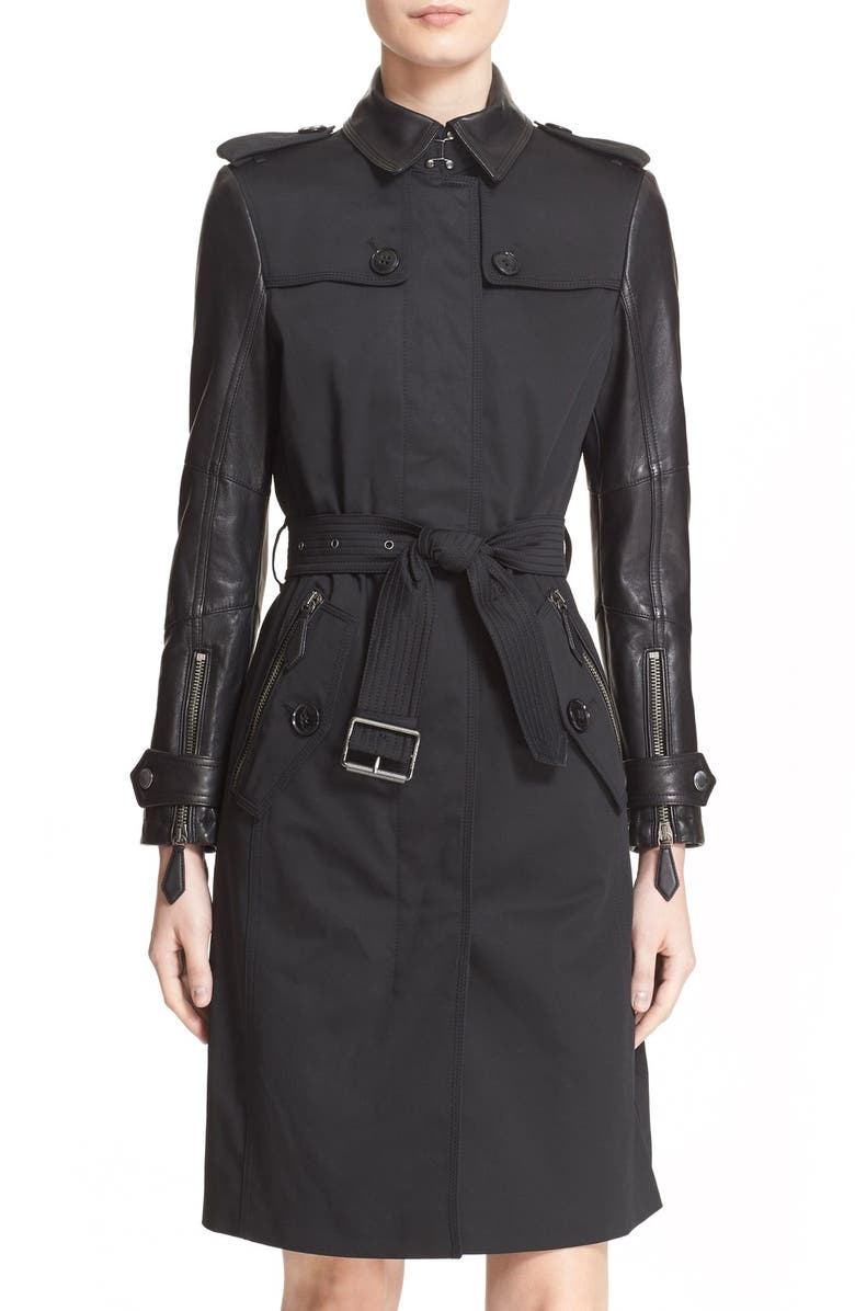 Burberry Brit Belted Leather Sleeve Trench Coat | Nordstrom