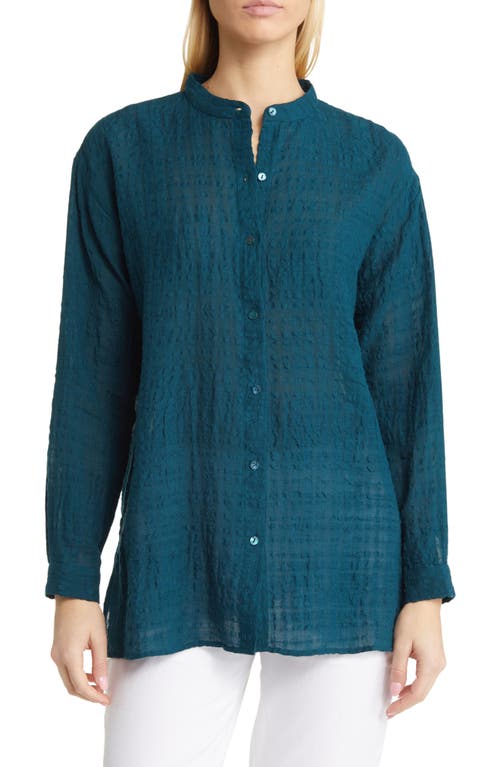 Eileen Fisher Mandarin Collar Boxy Organic Linen & Cotton Shirt in Pacifica