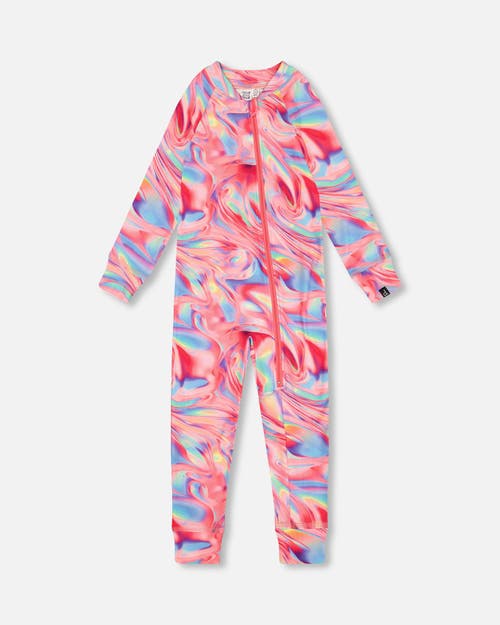 Deux Par Deux Little Girl's One Piece Thermal Underwear Printed Pink Marble In Printed Marble