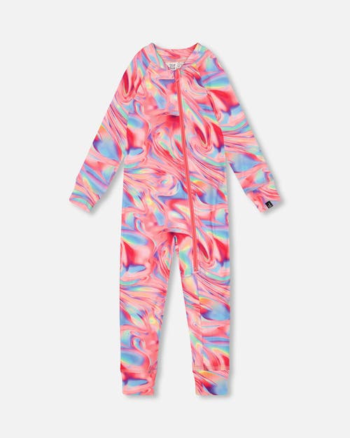 Shop Deux Par Deux Little Girl's One Piece Thermal Underwear Printed Pink Marble In Printed Marble