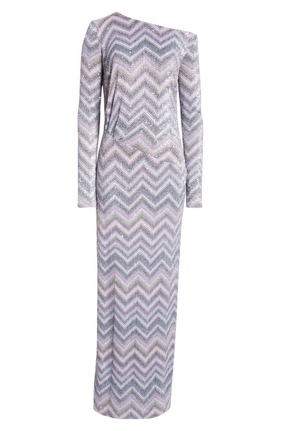Shop Missoni Sparkly Sequin Long Sleeve Chevron Knit Gown In Light Blue Grey White Base