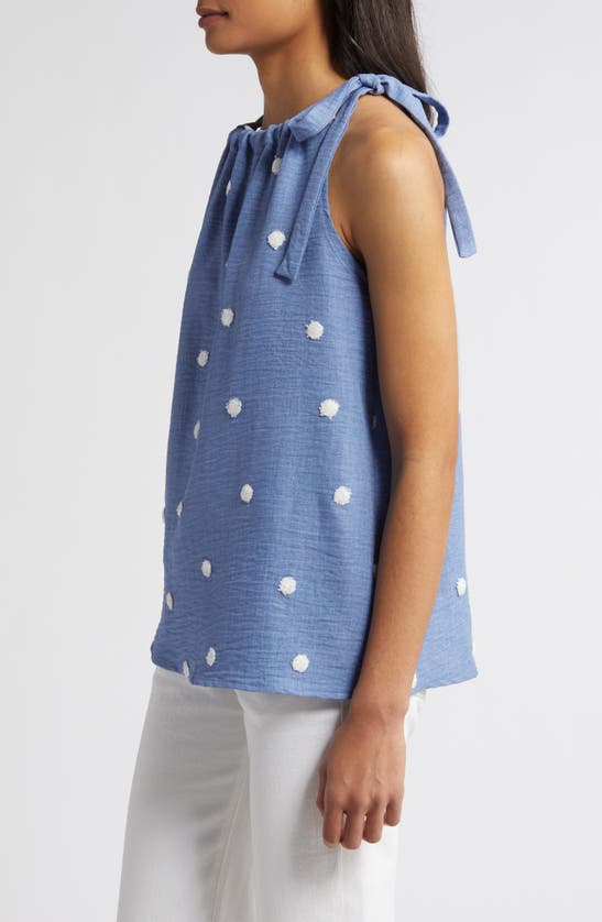 Loveappella Tie Shoulder Sleeveless Top In Chambray