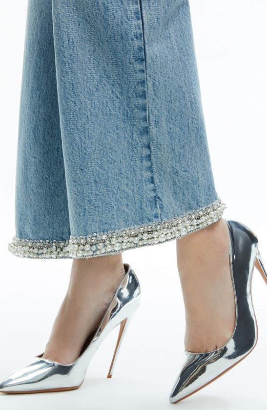 Shop Alice And Olivia Alice + Olivia Ora Imitation Pearl & Crystal Detail Wide Leg Ankle Jeans In Rockstar Blue