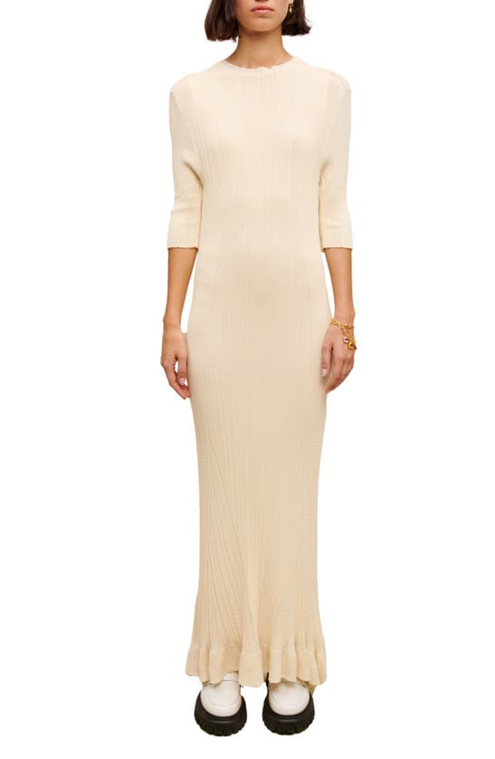 maje cream dress Womens Blanc Rooly Frilled-hem Ribbed Knitted Midi Maje white dresses Youth Marine Dress Blues colors:2 In tweed Color:Chiseled Stone
