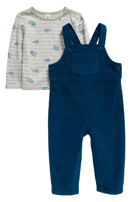 Tucker + Tate Print Long Sleeve Cotton T-Shirt & Corduroy Overalls Set in Grey Construction- Blue 