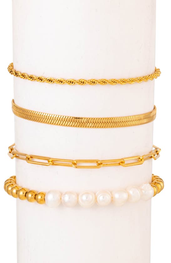 Eye Candy Los Angeles Ambre Set Of 4 Imitation Pearl & Chain Bracelets In Gold