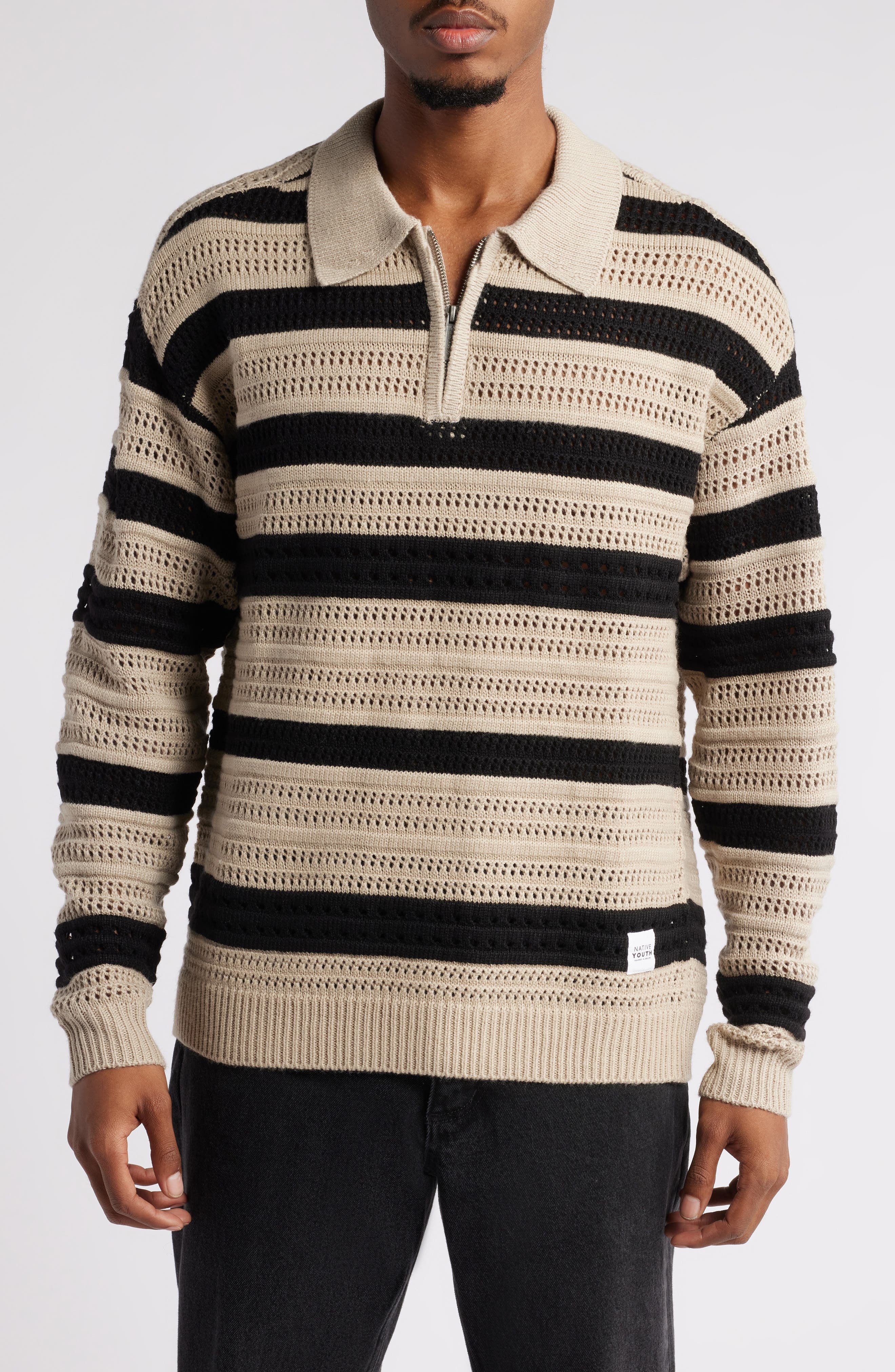 Native Youth Textured Stripe Zip Long Sleeve Polo in Black 
