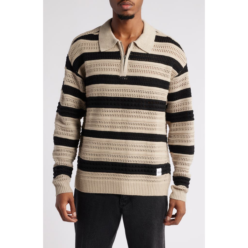Native Youth Textured Stripe Zip Long Sleeve Polo in Black