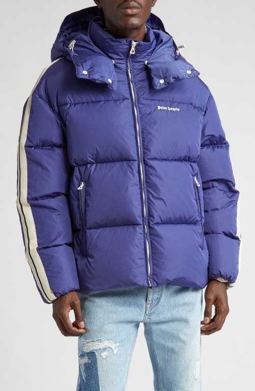 Down Puffer Track Jacket with Removable Hood in Navy Blue White
