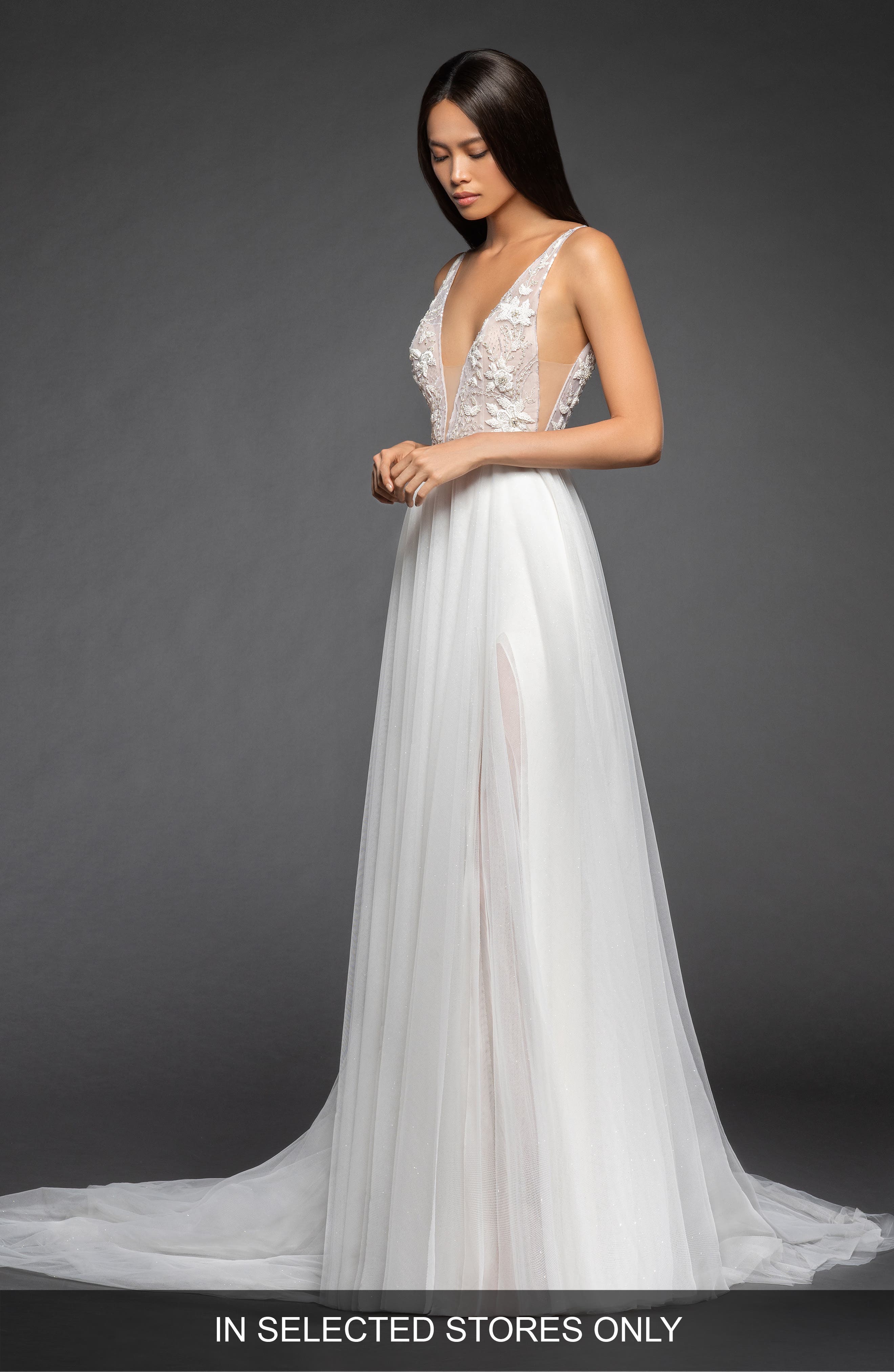 Lazaro Roxanna Beaded Bodice Tulle Gown, Size IN STORE ONLY - Ivory
