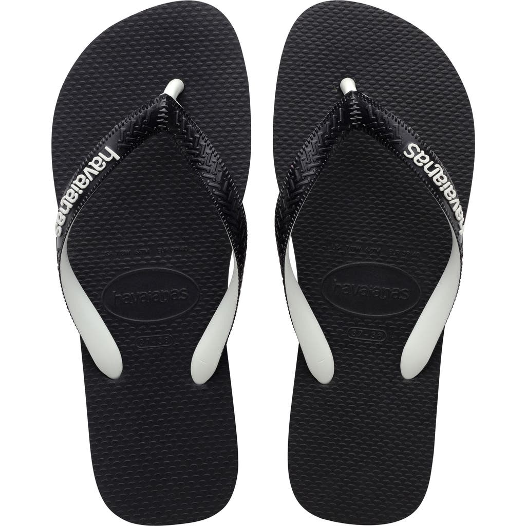Havaianas Navy Blue And White Nautical Top Flip Flops In Black/black