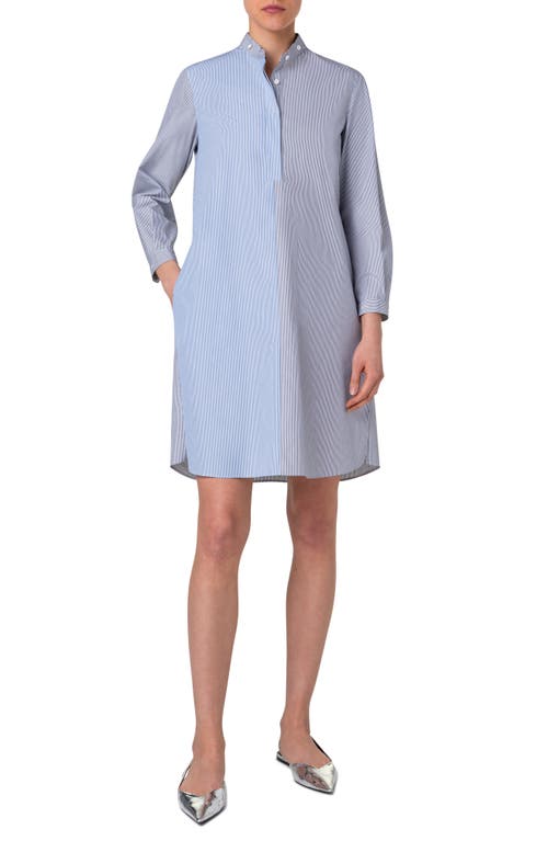 Akris punto Colorblock Microstripe Long Sleeve Cotton Poplin Shirtdress Ink-Sapphire-Cream at Nordstrom,