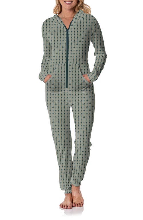 Holiday Hooded Pajama Jumpsuit in Silver Sage Trees And Hearts