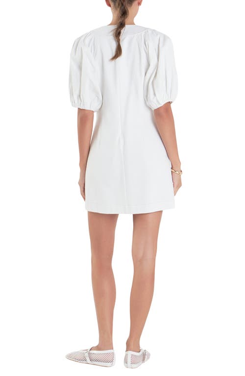English Factory Lace-up Front Puff Sleeve Linen Blend Minidress In Off White