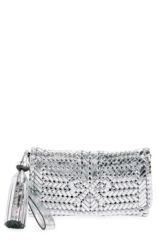 Shop Anya Hindmarch The Neeson Herringbone Woven Metallic Leather Tassel Clutch In Silver