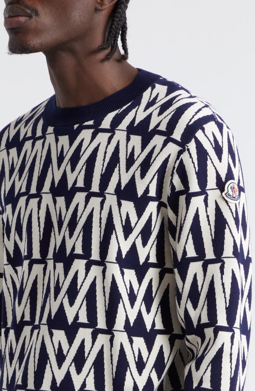 Shop Moncler Logo Jacquard Crewneck Sweater In Print M Allover White/navy