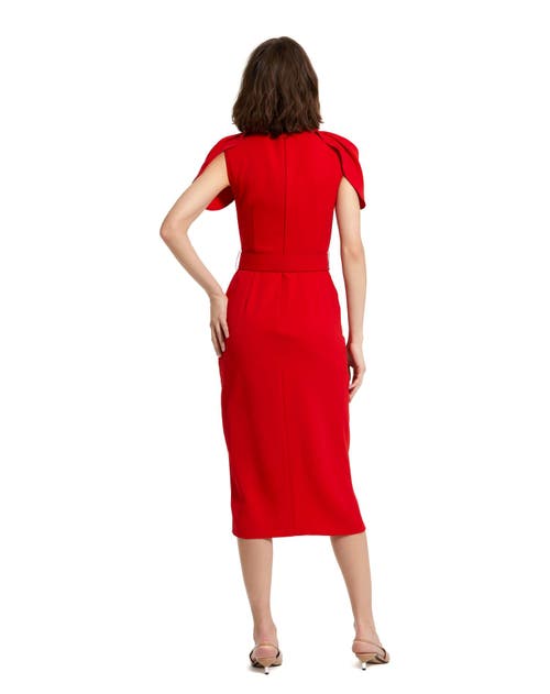 Mac Duggal Crepe High Neck Midi Tulip Dress With Belt In Cherry