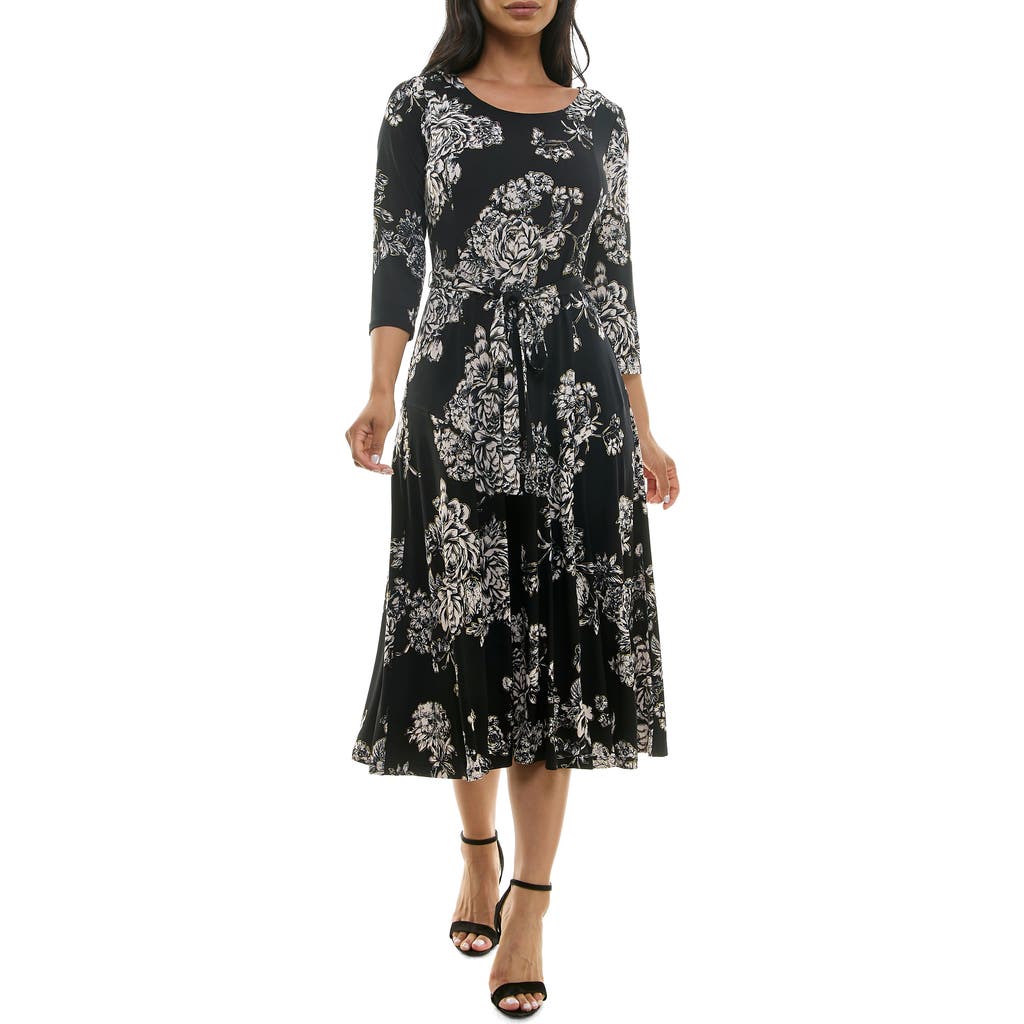 Nina Leonard Sylvia Floral A-line Midi Dress In Black/tan Foil