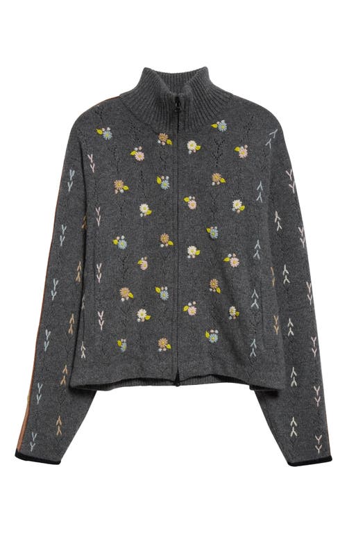 Shop Yanyan Daisy Embroidered Pointelle Lambswool Zip Cardigan In Charcoal