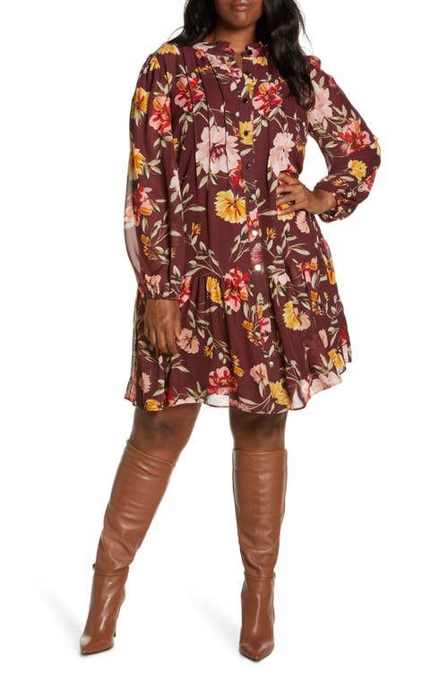 Julia Jordan Floral Print Pleated Long Sleeve A-Line Dress in Brown Multi at Nordstrom, Size 14W