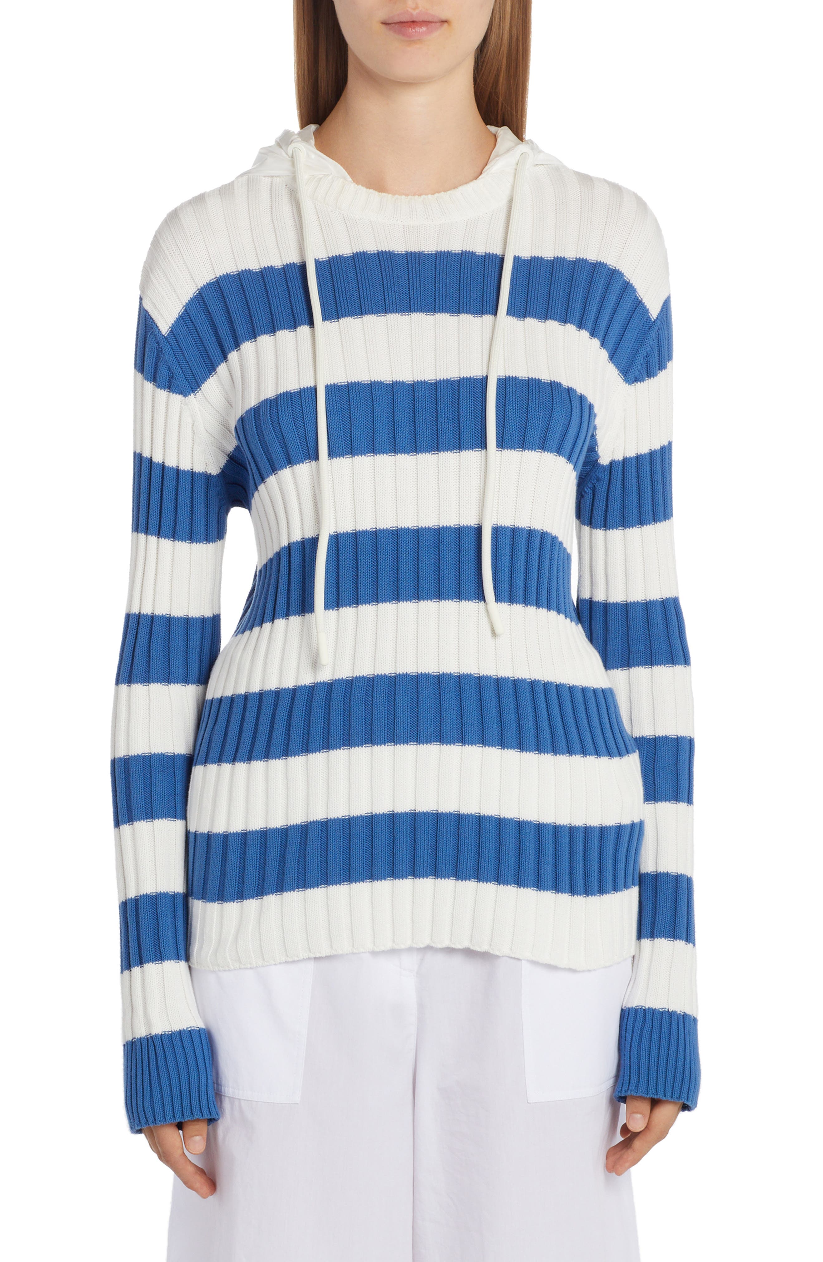 Moncler Stripe Cotton Hooded Sweater in Blue/White Multi | Smart