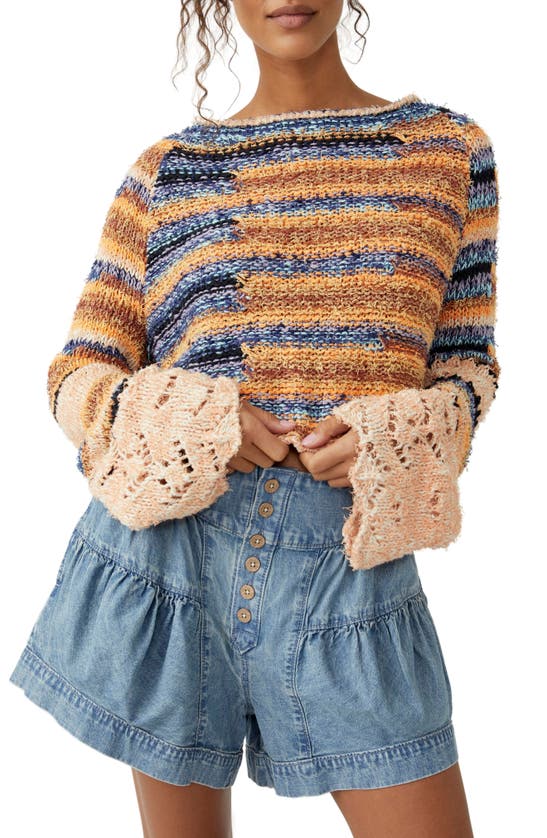 Shop Free People Butterfly Mixed Stripe Cotton Blend Sweater In Blue Honey Combo