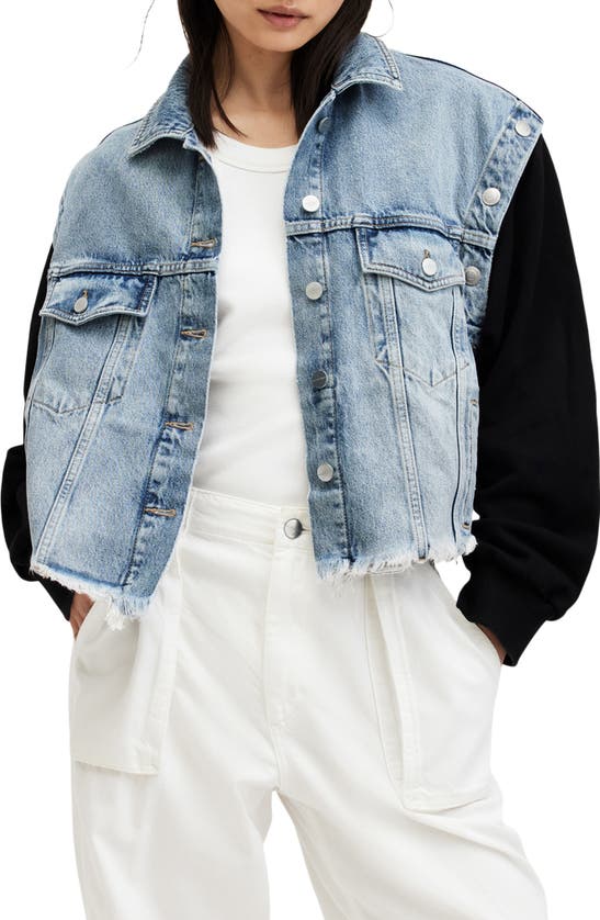 Shop Allsaints Chlo 2-in-1 Oversize Denim Jacket With Removable Sleeves In Light Indigo/ Navy
