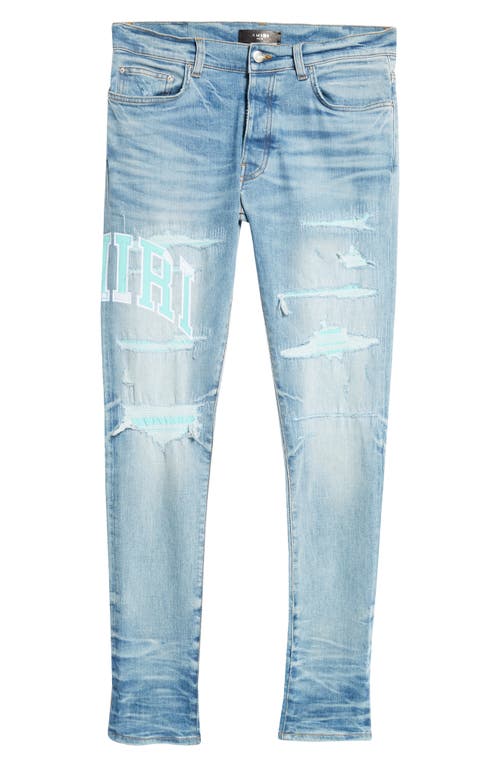 Shop Amiri Varsity Logo Rip & Repair Skinny Fit Jeans In Perfect Indigo