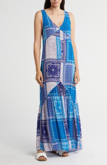 Lovestitch Paisley Patchwork Maxi Dress In Purple/blue