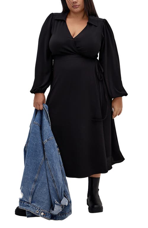City Chic Arizona Long Sleeve Wrap Dress In Black
