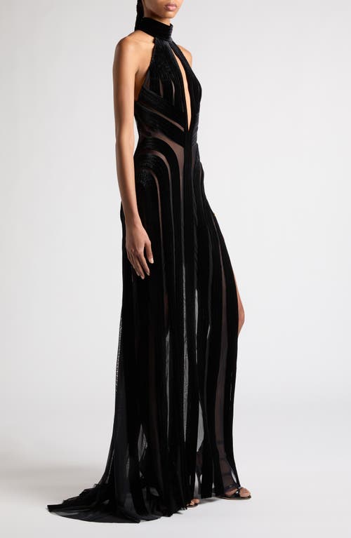 Shop Tom Ford Halter Neck Stretch Tulle & Velvet Gown In Black