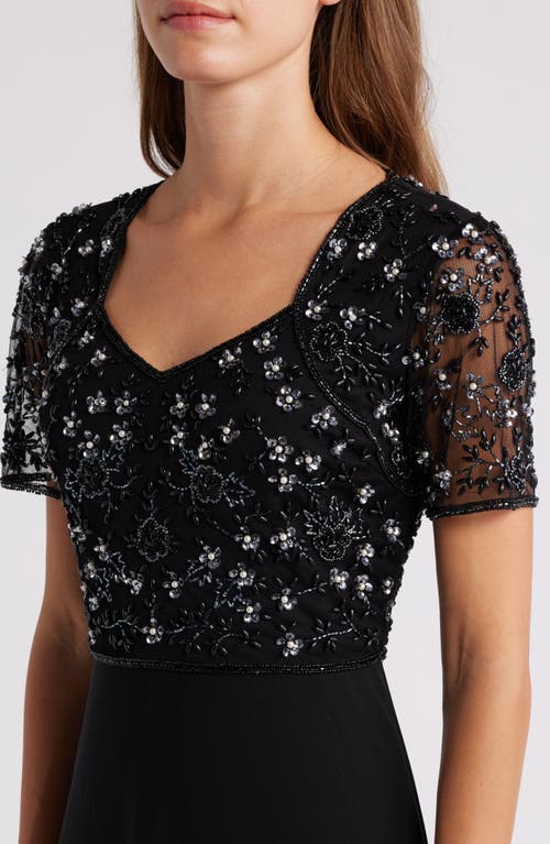 Pisarro Nights Beaded Bodice Short Sleeve Gown In Black